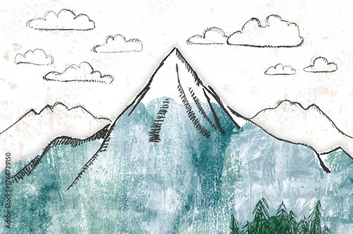 Childlike sketch of a mountain scene with clouds in Nordic colors. Children's room decor featuring mountain-themed illustrations.