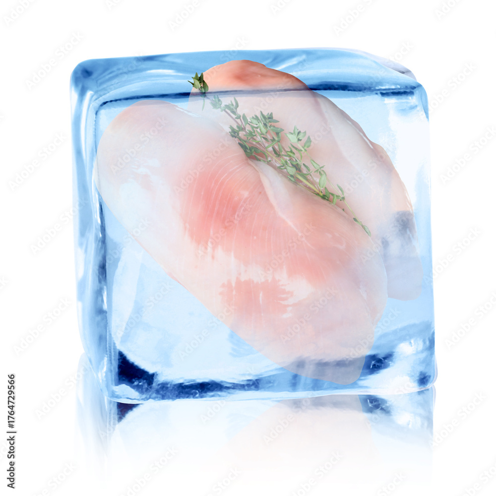 Fototapeta premium Chicken breasts in ice cube on white background. Fresh meat