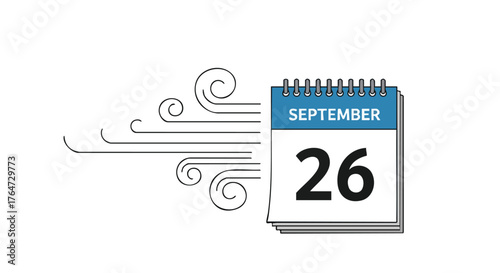 Stylized September 26th Calendar with Weather Illustration Conveying a Windy Seasonality Feeling 99 characters