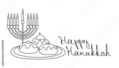 Continuous one-line drawing of a Hanukkah donut with handwritten calligraphy on a white background