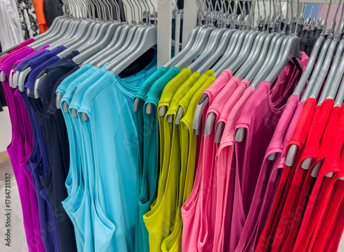 Bunte Damen Träger T-Shirts auf einem Kleiderständer in einem Kaufhaus