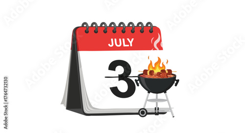 Festive Illustration: July 3rd Calendar Page with Barbecue Grill for Summer Holiday Celebration