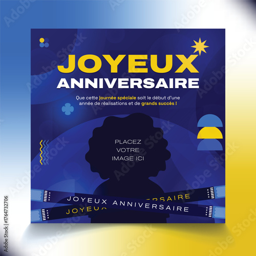 Happy birthday anniversaire social media post template in French blue flat bold design