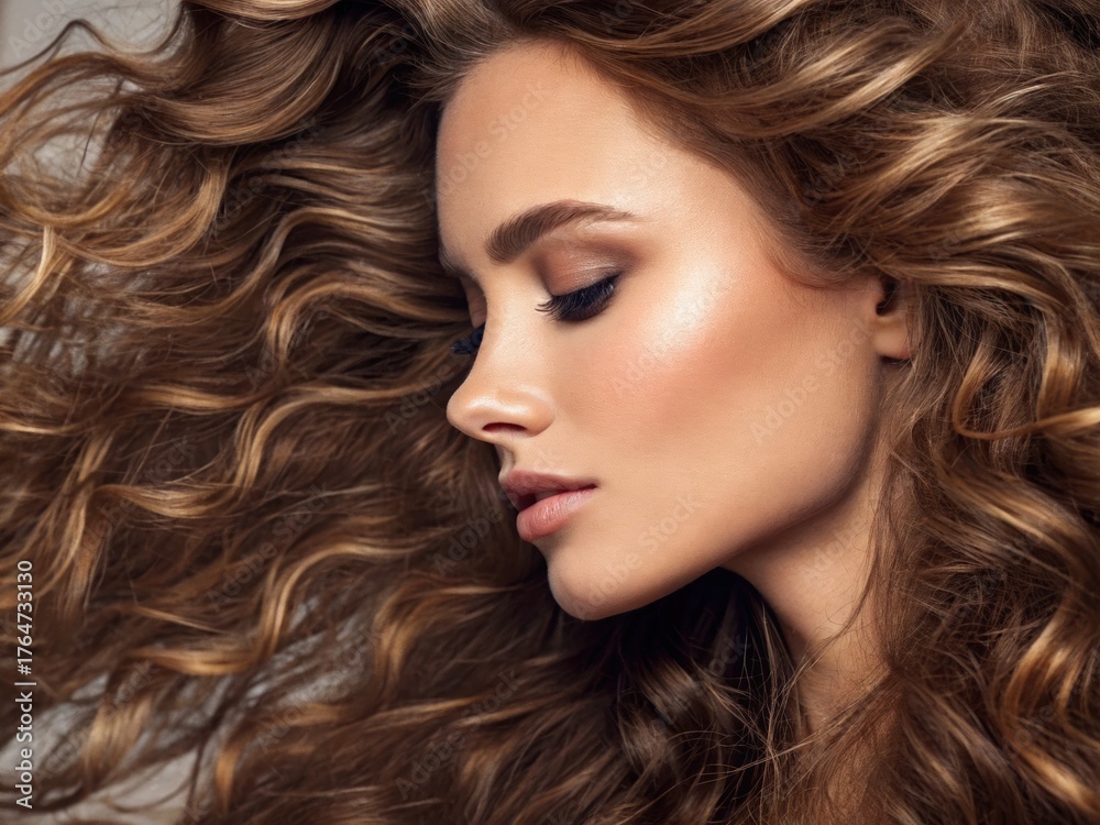 Fototapeta premium Gorgeous attractive woman with silky shiny and healthy brown curly hair close up photo