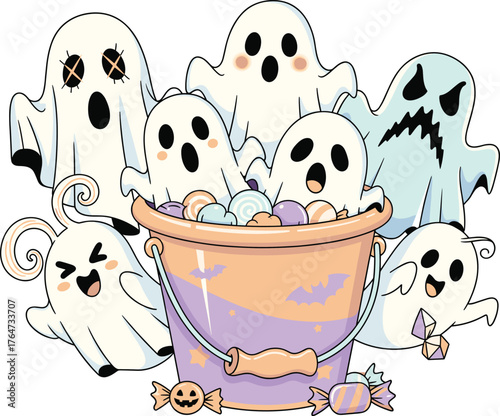 Cartoon Halloween illustration with ghosts and candy bucket, playful spooky vector design with pastel colors for stickers, posters, party decor, and seasonal projectsCartoon Halloween illustration wit
