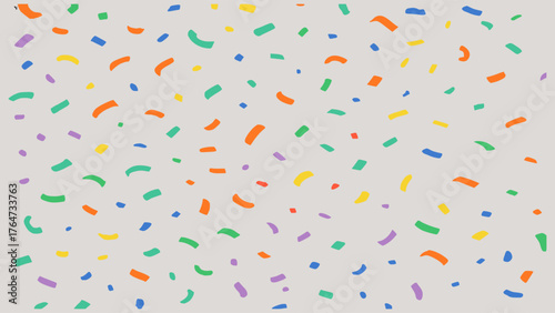 Colorful confetti pattern with scattered curved shapes in red, blue, green, yellow and purple on light gray background