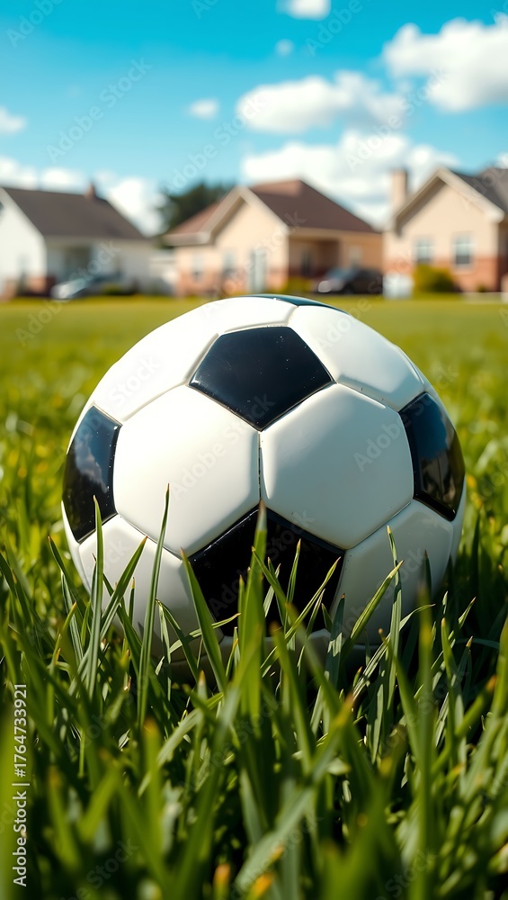 Fototapeta premium Generative AI football on green grass suburban neighborhood.