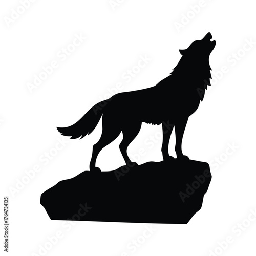 Black silhouette of a howling wolf on a rock against white background, wolf standing on cliff silhouette vector illustration