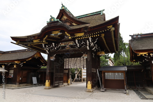 A Japanese shrine : the scene of a gate to Honden Main Hall in the precincts of Kitano-tenmangu Shrine in Kyoto City