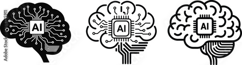 Intelligent AI brain technology icons representing artificial intelligence and neural networks, artificial, intelligence, brain, tech, neural, network, circuit, chip, computer, digital, future