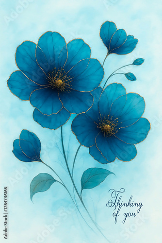 Thinking of you - card. blue flowers on a grunge background
