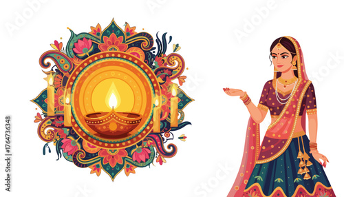 Colorful Diwali celebration illustration featuring a traditional woman and decorative lamps
