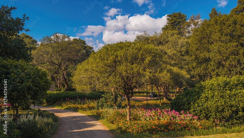 Obraz premium Trail surrounded by lush greenery in an urban park setting