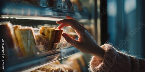 Hand reaching for pre packaged cake slice in vending machine