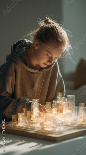 Young person interacting with glowing futuristic smart city model beta generation