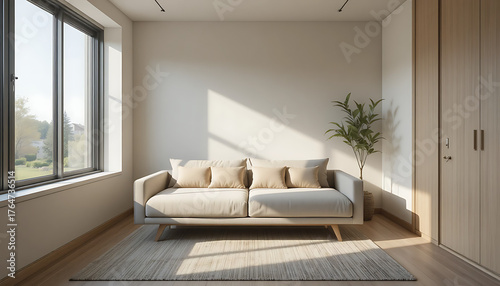 “Minimalist studio interior with compact sofa bed, soft neutral colors, and large window light reflections.”
