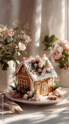 Gingerbread house decorating with sweet icing and candy