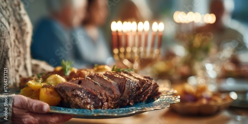 Hanukkah family dinner serving roasted beef and vegetables