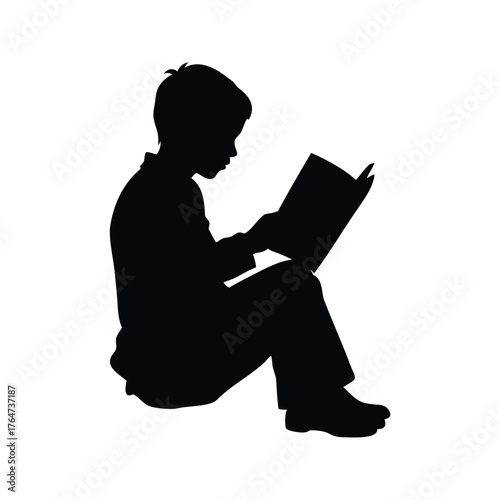 Silhouette of a young boy absorbed in reading while sitting comfortably, person reading book silhouette vector illustration