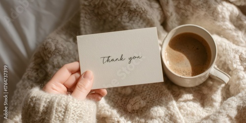 Holding thank you card with coffee on cozy blanket copy space