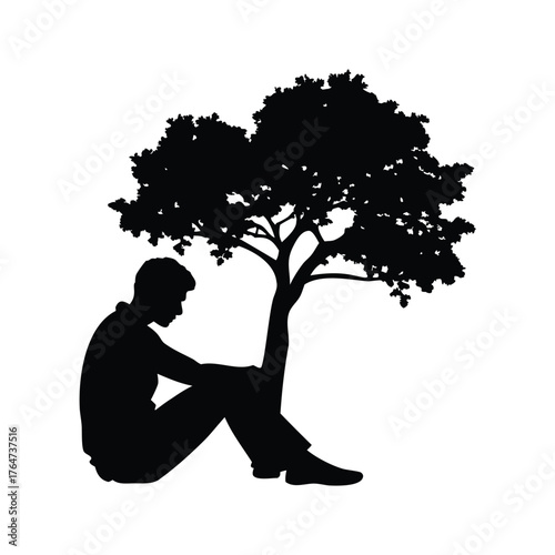 A solitary figure finds solace in the shade of a tree's embrace, person sitting with a tree silhouette vector illustration