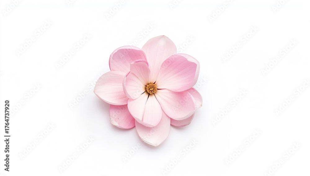 Obraz premium Isolated pink magnolia blossom on a white backdrop with complete focus. Overhead perspective. Flat arrangement.