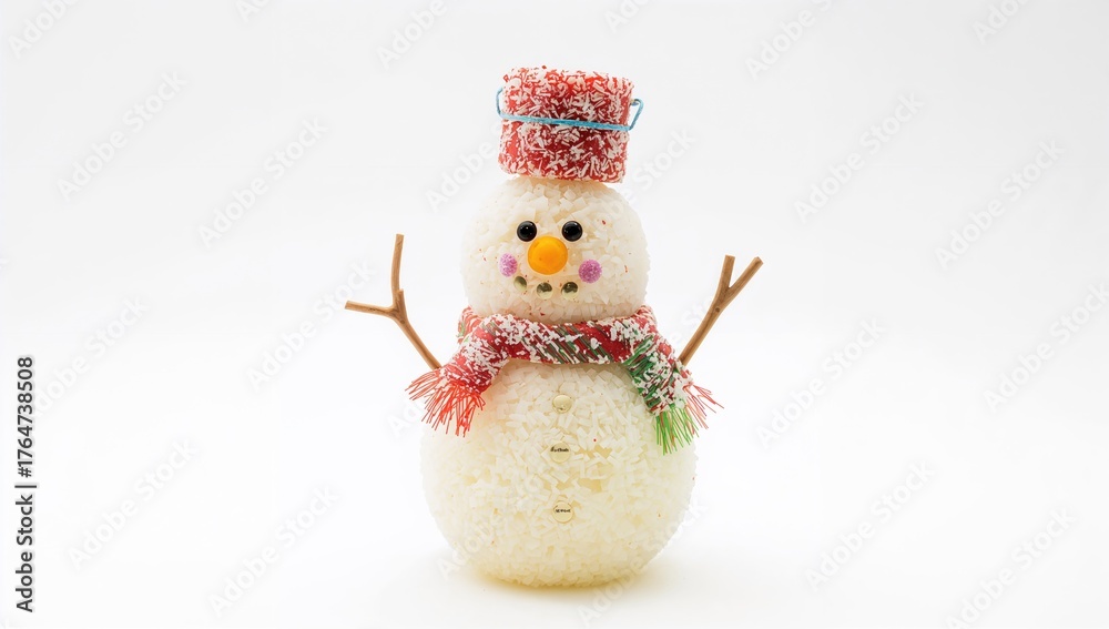 Obraz premium On a white backdrop, a happy snowman crafted from vegan coconut sweets wears a bucket as a hat.