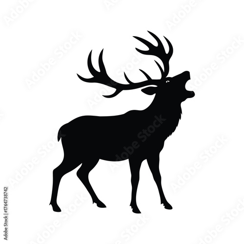 Silhouette of a Majestic Stag Roaring with Large Antlers on White Background, stag with large antlers roaring silhouette vector illustration