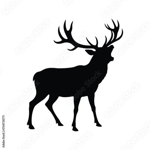 Powerful Black Silhouette of a Majestic Stag Roaring on a White Background, stag with large antlers roaring silhouette vector illustration