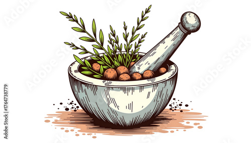 Apothecary's mortar and pestle with botanicals, stone grey and vibrant green palette, essential tool for crafting magical remedies, against transparent background