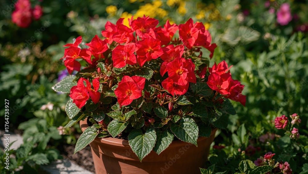 Naklejka premium Vibrant red begonias thriving in a container against a lush garden backdrop