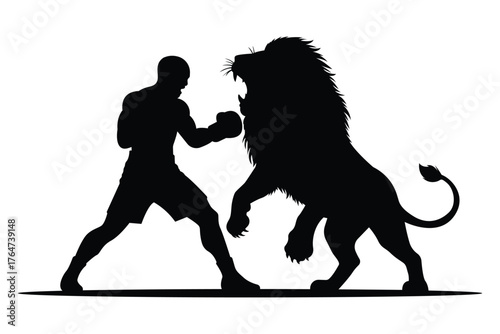 A boxer facing a roaring lion silhouette, symbolizing courage, strength, and fearless challenge in sports and nature.