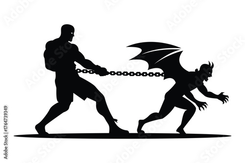 A powerful man pulling a chained demon silhouette, representing strength, power, and inner battle in dark fantasy style.