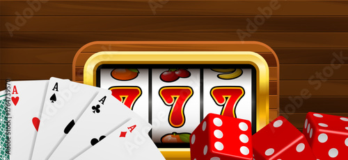 Banner for online casino. Vector 3d illustration on wooden background.