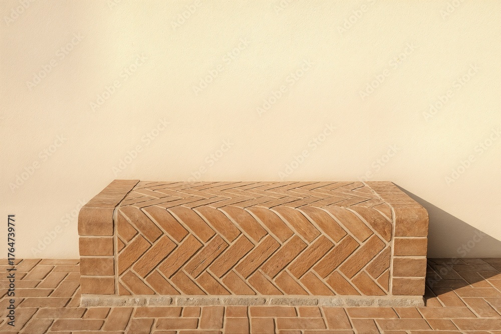 Fototapeta premium Herringbone Patterned Clay Bench In Minimalist Outdoor Setting With Natural Light And Simple Geometry Emphasizing Earthy Tones And Texture