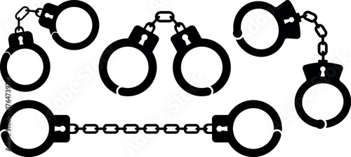 Handcuff silhouette set. Black metal shackles icon collection for crime, security, and law design