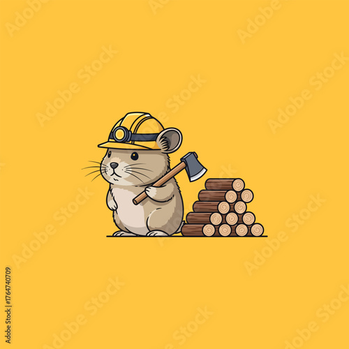 Cartoon Mouse Lumberjack with Axe and Logs.