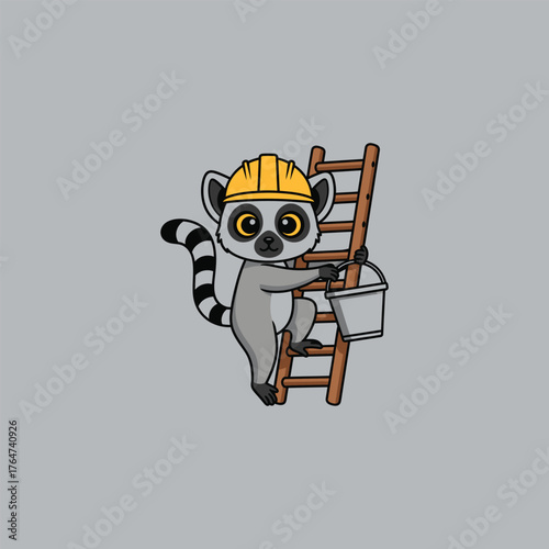 Cute Lemur Construction Worker Climbing Ladder with Paint Bucket.