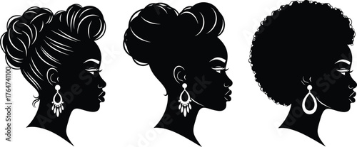 Black woman silhouette vector set, elegant hairstyle profiles, afro, bun, updo with earrings for fashion, beauty, culture, empowerment design themes