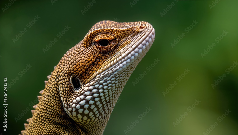 Obraz premium Close-up of a female lizard's head, detailed macro shot highlighting texture and natural surroundings