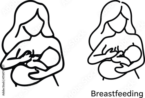 Breastfeeding mother vector set, minimalist maternity illustrations, baby care line art, nurturing woman icons, black outline design, parenting graphics