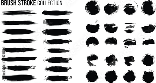 Brush stroke vector set, black texture elements, circular and horizontal ink designs for abstract illustration, artistic graphic bundle, creative decor assets