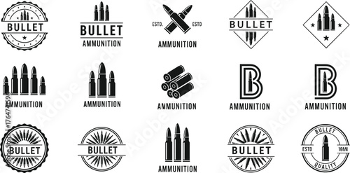 Bullet logo vector set, ammunition badge collection, black and white firearm icons, vintage military design elements for branding, tactical graphic bundle