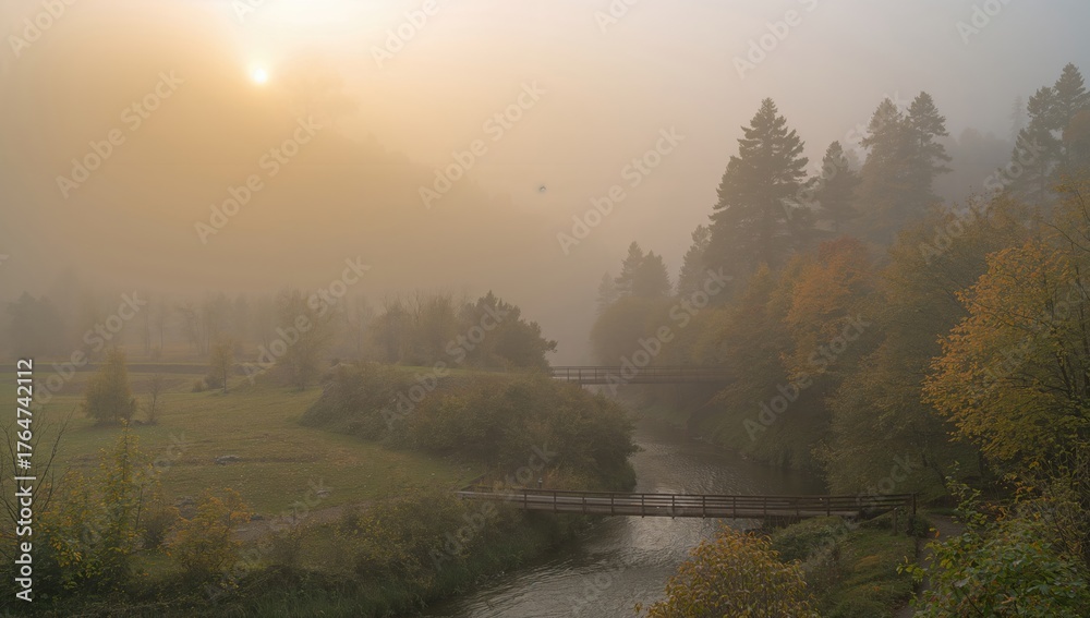 Fototapeta premium Misty autumn dawn over a northeastern countryside