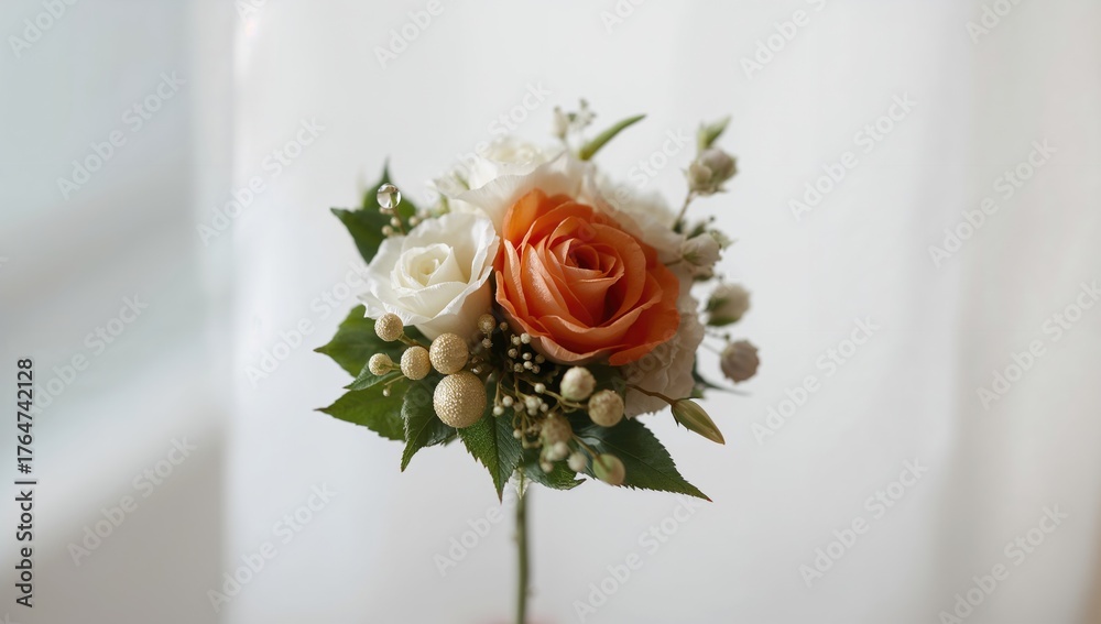 Obraz premium Prearranged synthetic floral stem with soft-focus backdrop, blossom, ceremony, foliage, ivory, botanical, elegance, bloom, tangerine, greenery
