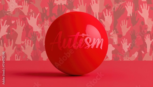 Red heart-shaped object with the word AUTISM and handprints behind it, symbolizing Autism Awareness Month.