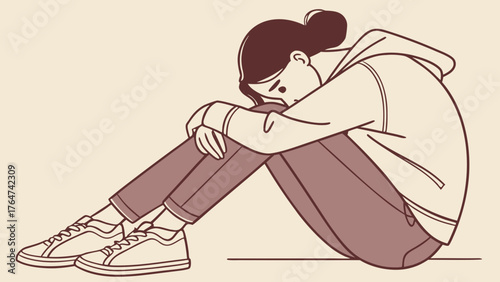 Vector illustration of a sad, lonely young person sitting curled up on the floor in despair.