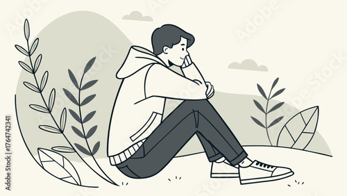 A young man sits alone outdoors, looking thoughtful and pensive, surrounded by stylized nature.