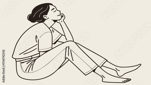 A woman sits with her legs crossed, resting her head on her hand, lost in thought.