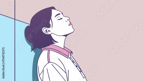 A serene illustration of a woman with her eyes closed, leaning against a wall, in a moment of peaceful contemplation.